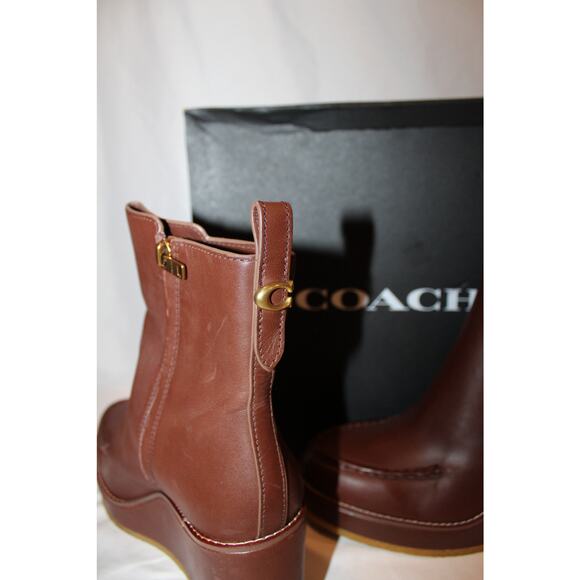 NIB WOMEN'S COACH BRADY LEATHER WEDGE BOOTIE BOOTS WALNUT BROWN SZ 11 $295 - Picture 8 of 8